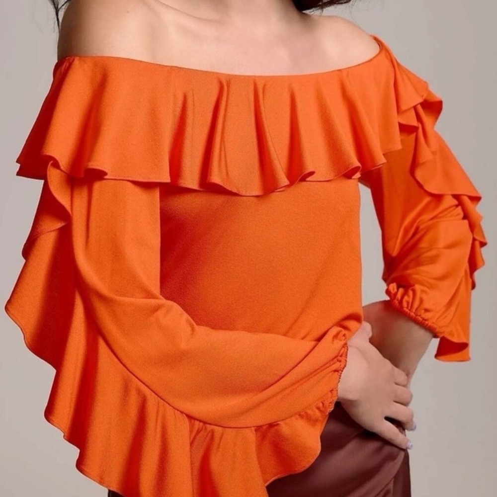 Anthropologie Orange Off The Shoulder Ruffle Sleeve Knit Top Small